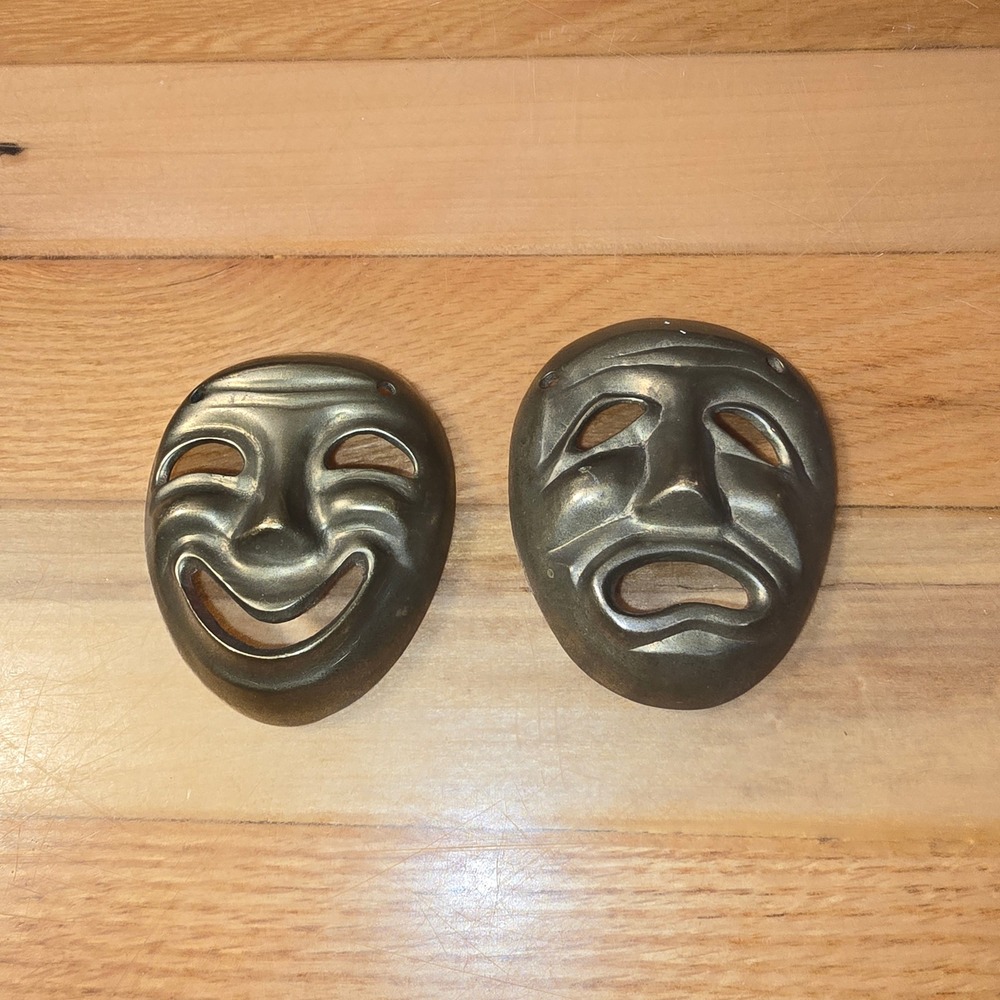 Vintage Brass Comedy Tragedy Theater Masks Set Int'l Bazaar Pakistan Drama Decor